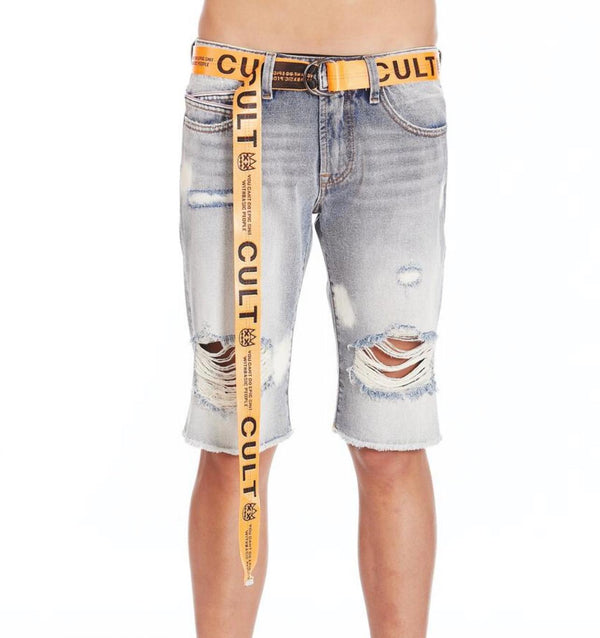 Cult of individuality (bleached/orange rocker belt denim short)