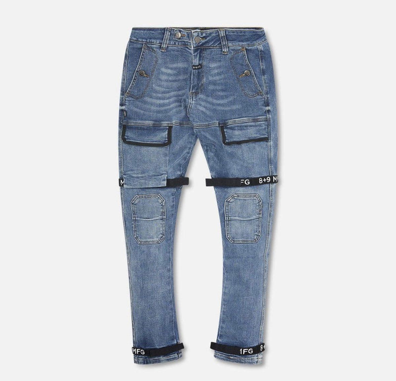 Eight & nine (blue /black strapped slim utility wash jean)