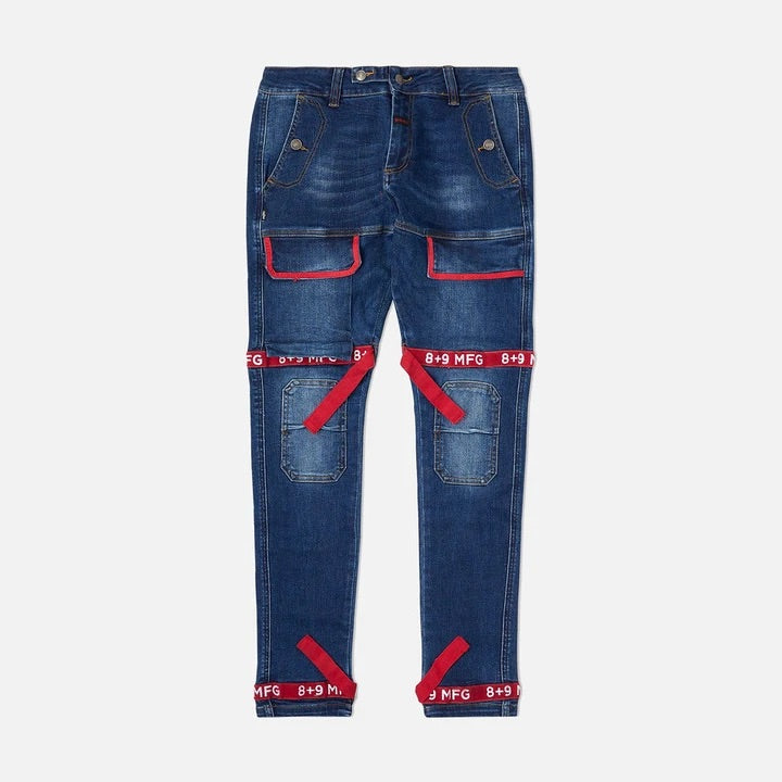 Eight & nine (dark blue / red strapped slim utility wash jean)