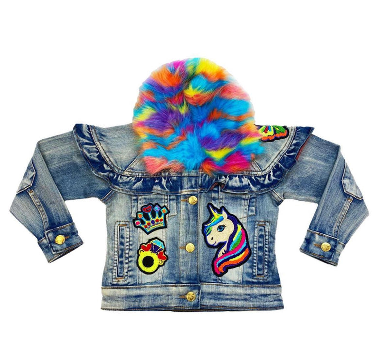 Elite denim (girls kids tan rainbow furry jacket)