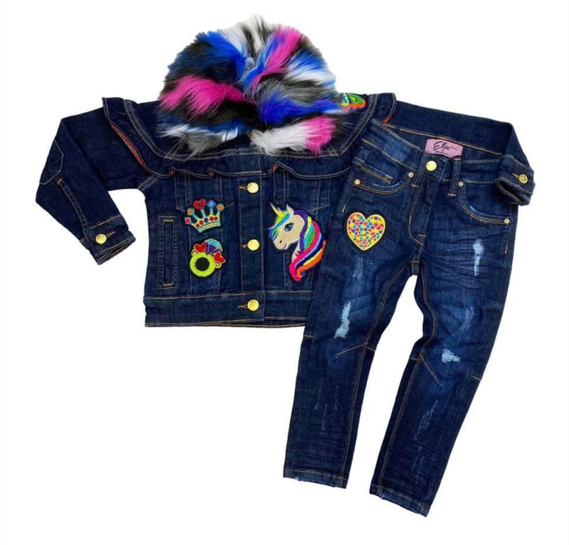 Elite denim (kids girls dark blue furry denim set)