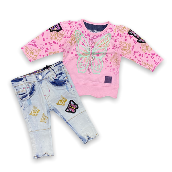 Elite denim (kids girls pink butterfly set)