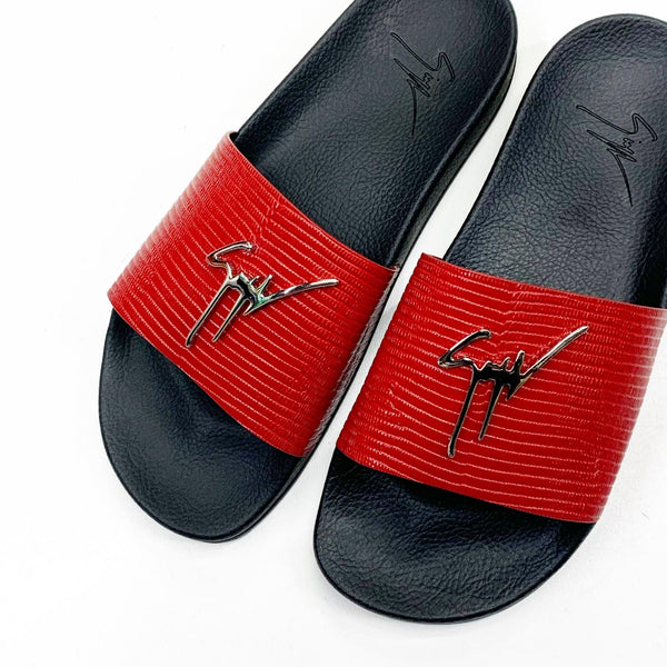 GIUSEPPE ZANOTTI (red/Sliver leather slides)