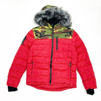 Hardsoda Men’s Puffer Jacket – Red Camo Fur Hood