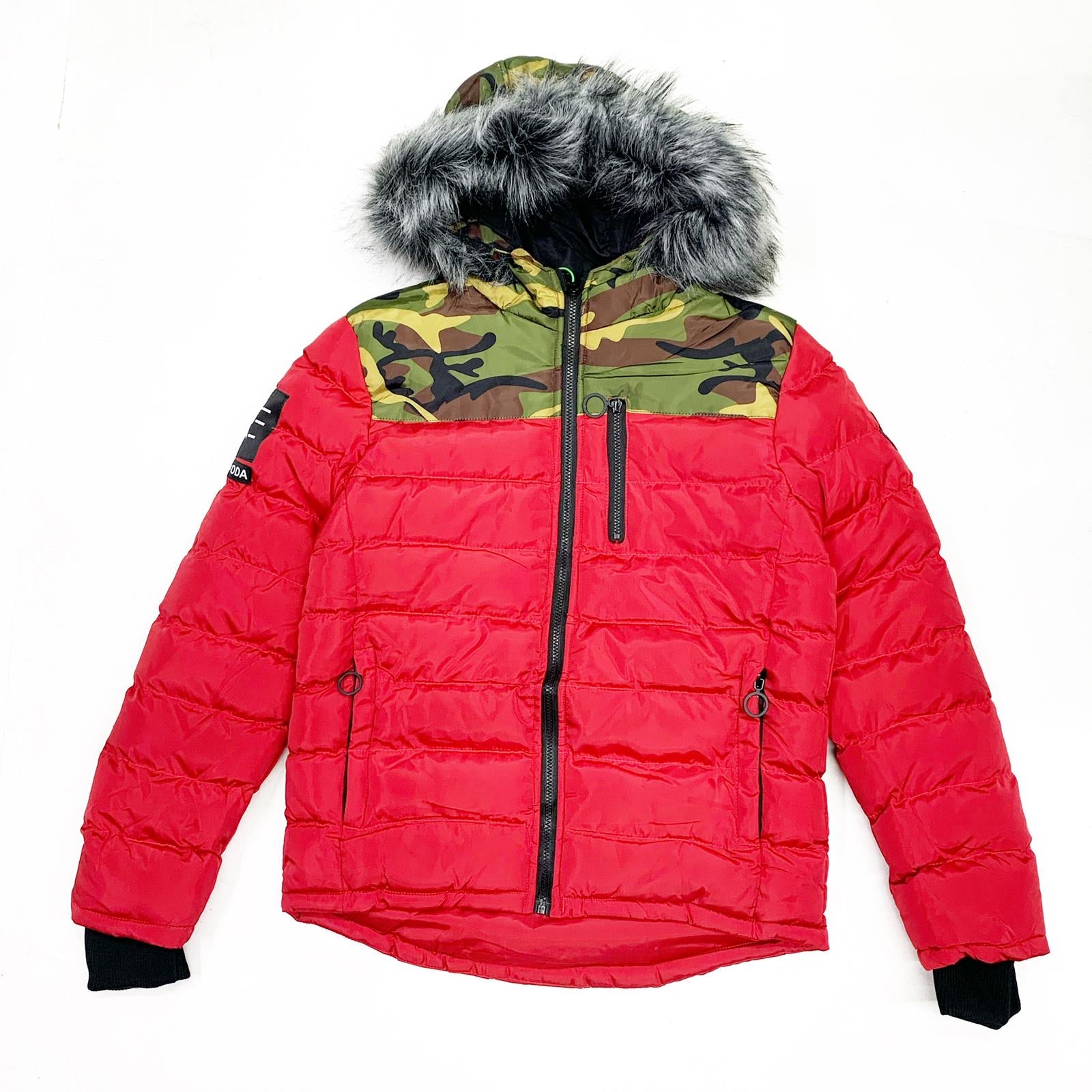 Hardsoda Men’s Puffer Jacket – Red Camo Fur Hood