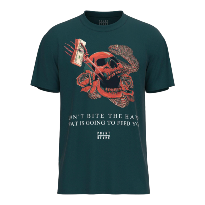 Point blank (teal “don’t bite the hand t-shirt)