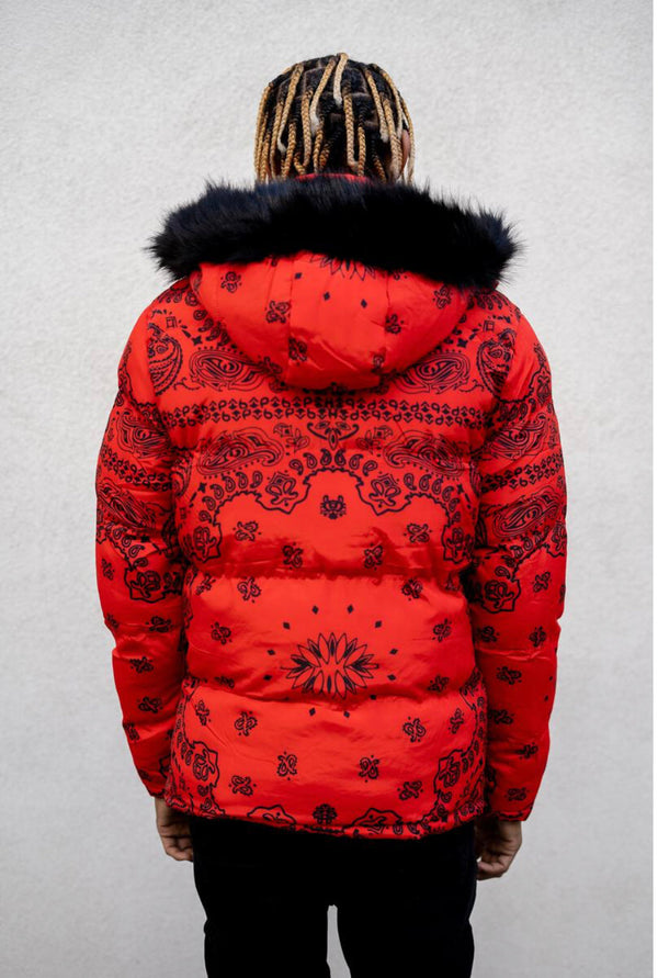Realistik nyc  (red “Bandana puffer jacket)