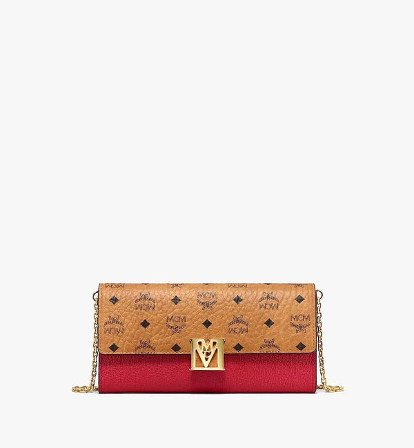 Mcm (cognac /red mena crossbody wallet in visetos leather block)