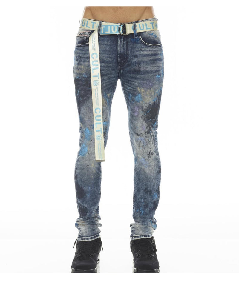 Cult of individuality (punk super skinny stretch baby blue belt jean)
