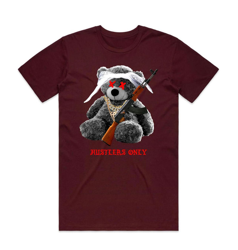 Streetwear (burgundy “hustlers  only teddy bear T-shirt)