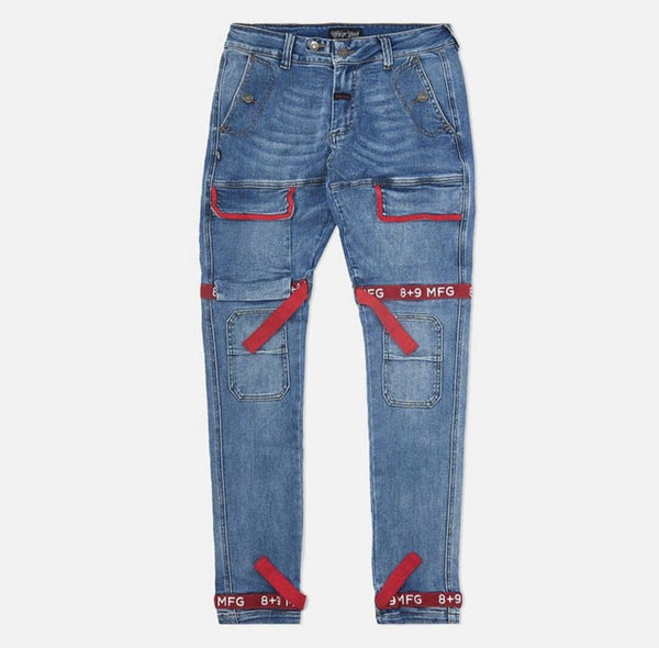 Eight & nine (blue /red strapped slim utility wash jean)