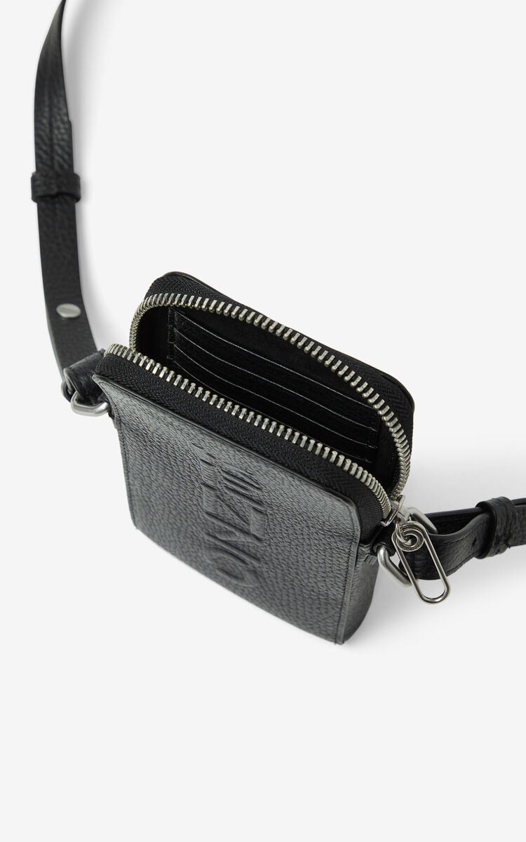 Kenzo (black Imprint grained leather crossbody phone bag)