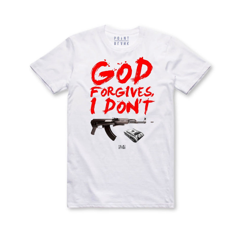 Point blank (white “god forgives I don’t t-shirt)