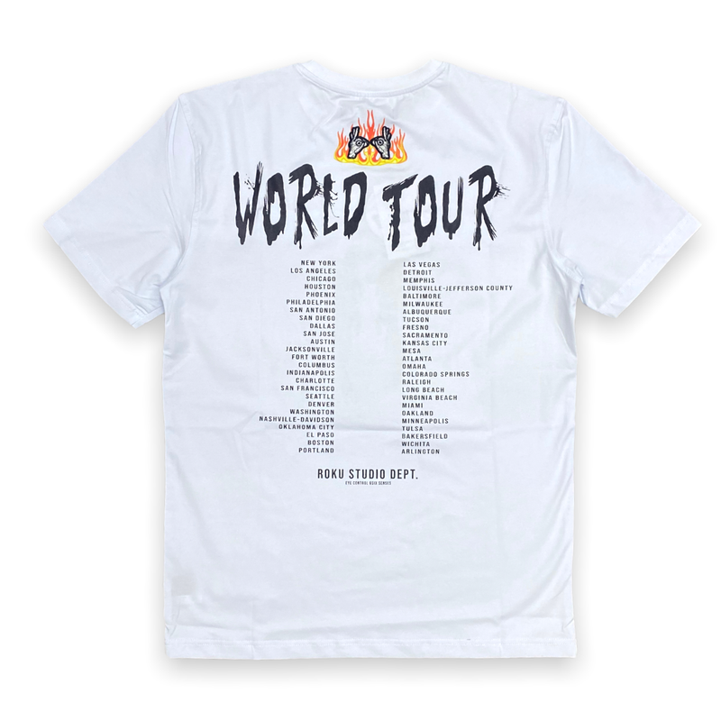 Roku studio (white “world tour t-shirt)
