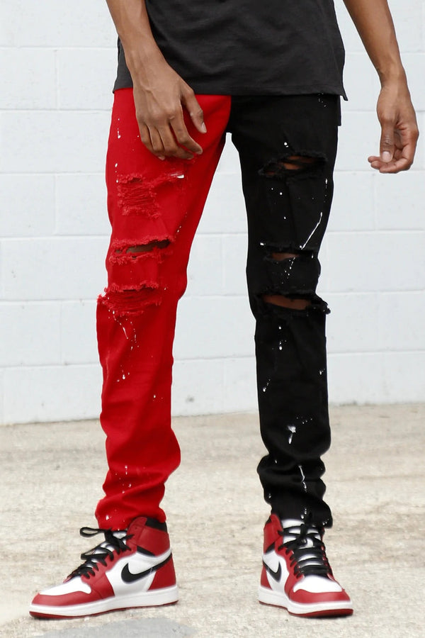 Kdnk (black/red paint splatter contrast stacked jean)