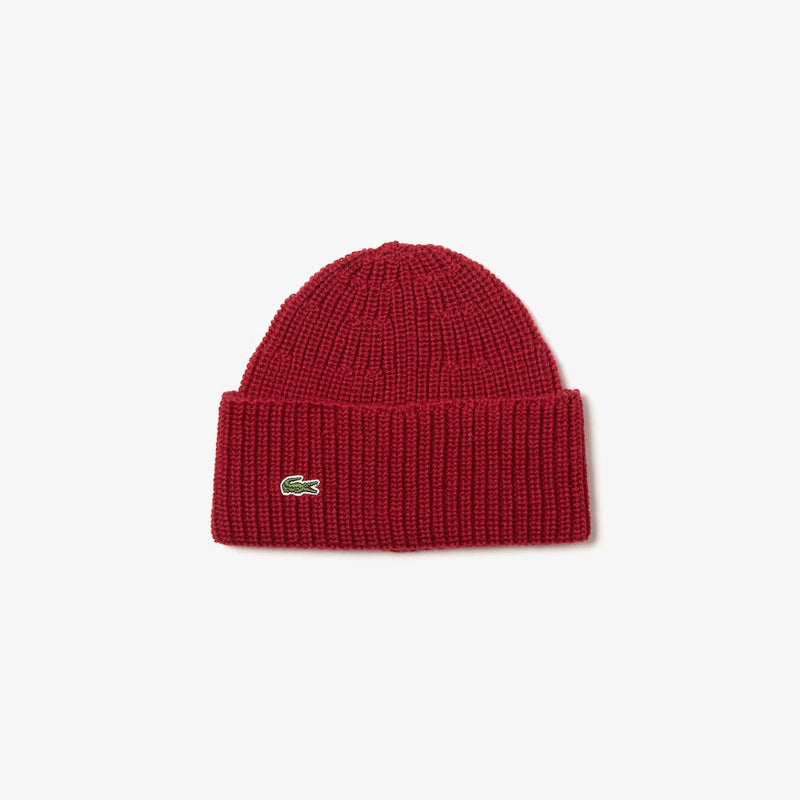 Lacoste (Men's Bordeaux Turned Edge Ribbed Wool Beanie)