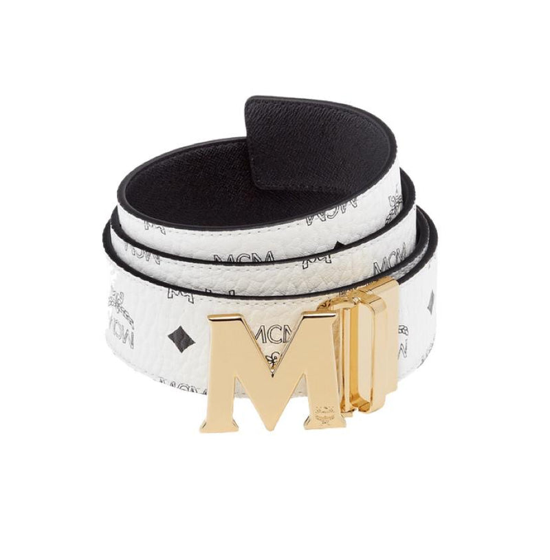 MCM (White/gold Claus M Reversible Belt in Visetos	)