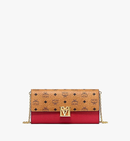 Mcm (cognac /red mena crossbody wallet in visetos leather block
