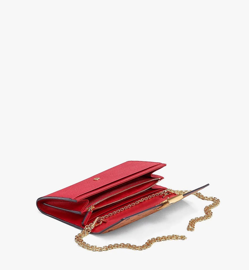 Mcm (cognac /red mena crossbody wallet in visetos leather block)