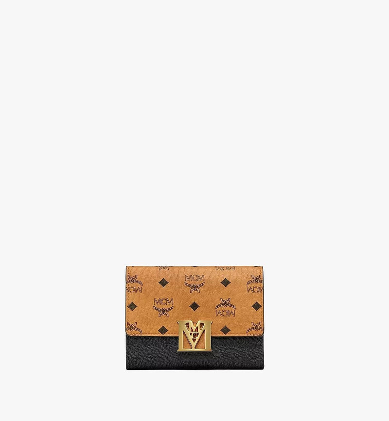 Mcm (cognac/black Mena Trifold Wallet in Visetos Leather)