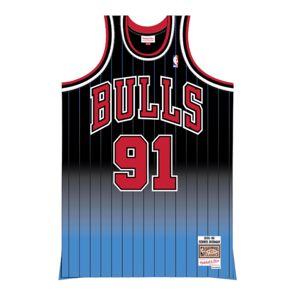 Chicago Bulls Jersey: "Mitchell & Ness 1995-96 Chicago Bulls Dennis Rodman #91 Black and Blue Pinstripe Jersey.