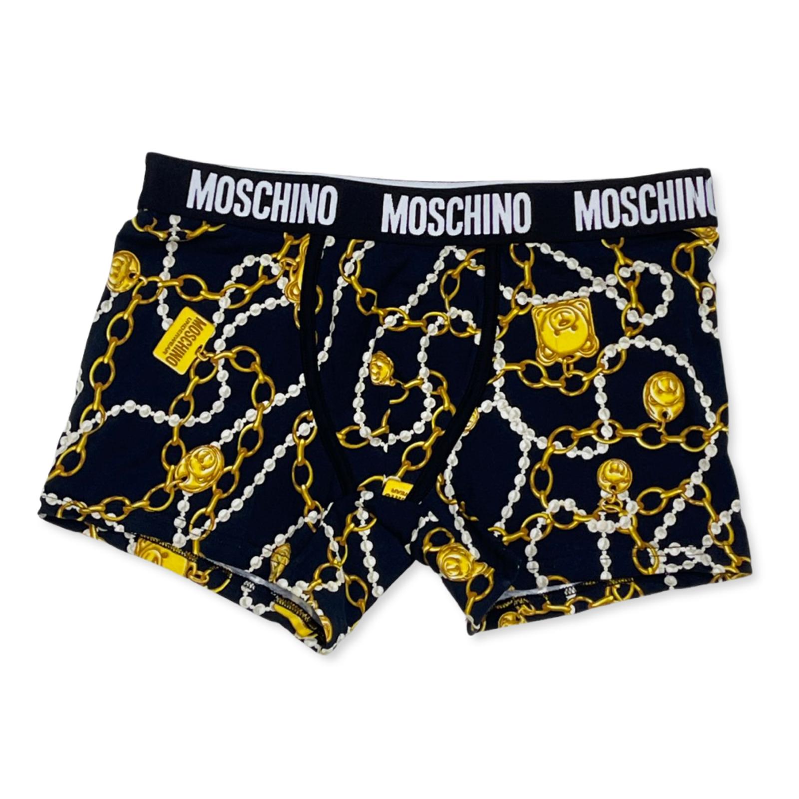 Moschino Men’s Boxer Briefs Allover Teddy Chain Print Black / Gold