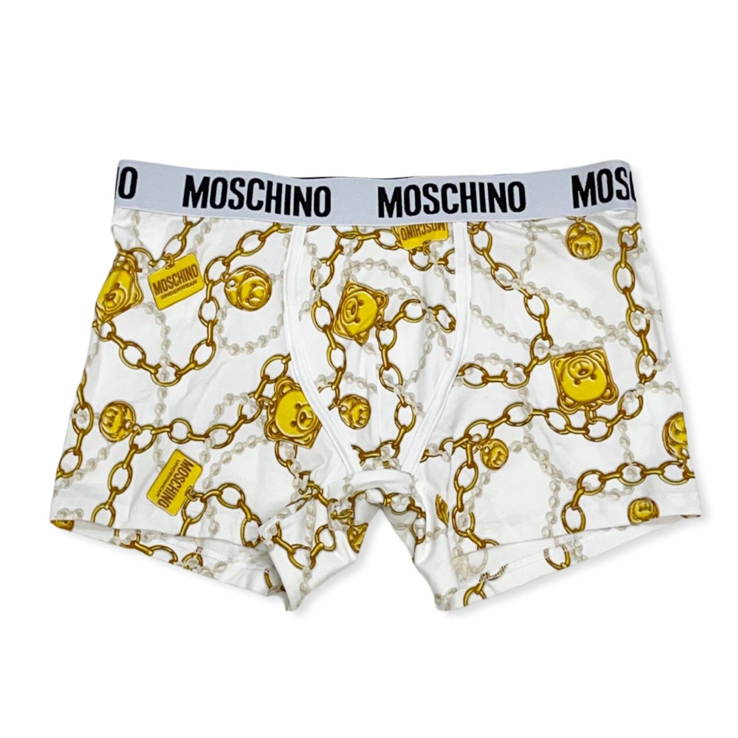 Moschino Men’s Boxer Briefs Allover Teddy Chain Print White / Gold