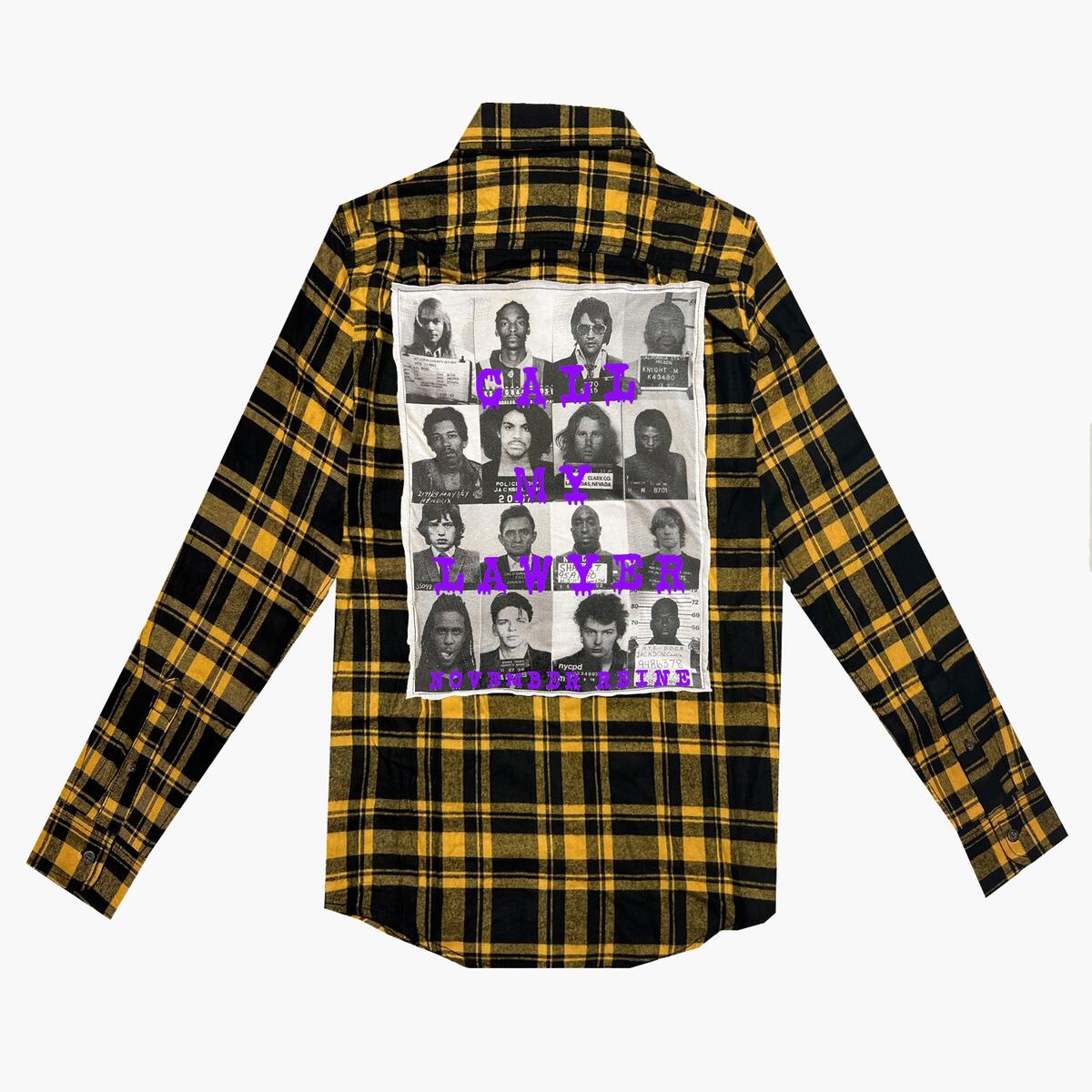 november reine (gold "call my lawyer flannel button down)