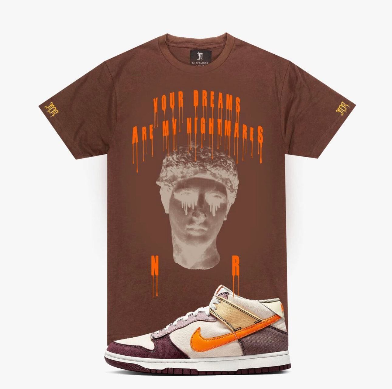 november reine (brown tan orange "my nightmare t-shirt)