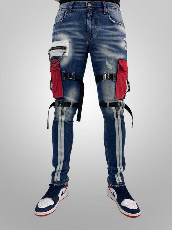 Preme denim (blue/red cargo zip jean)