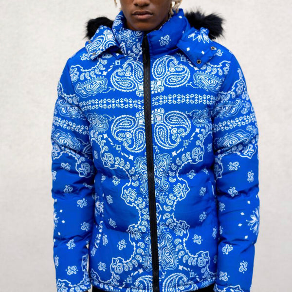 Blue bandana bubble coat on sale