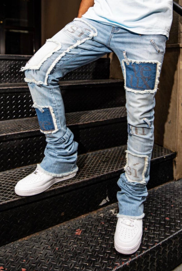 Si tu veux denim (blue super skinny stacked patch jean)